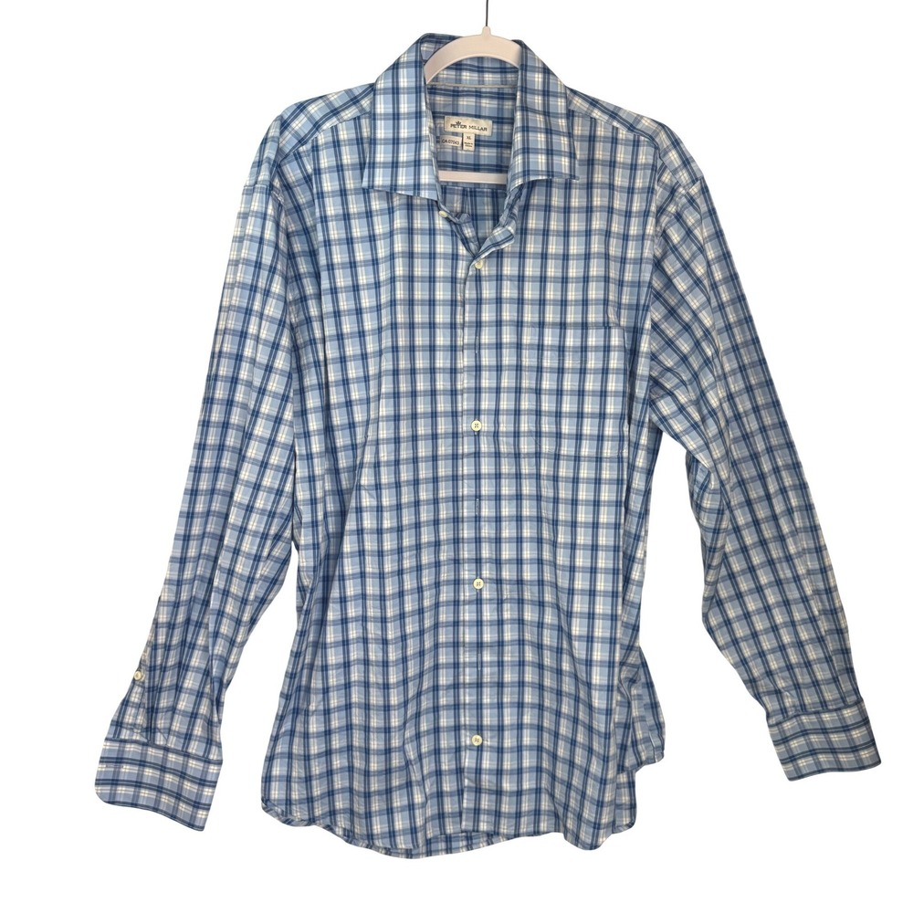 Peter Millar Mens XL Blue White Plaid Long Sleeve Button Down Shirt CA 07043